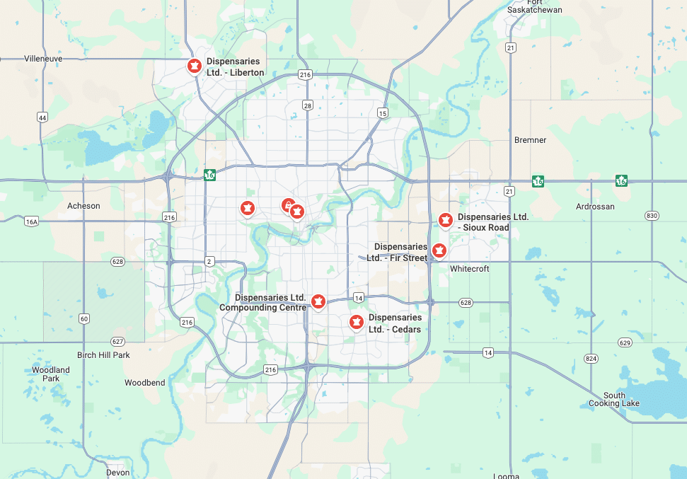 Map showing Dispensaries Ltd. pharmacy locations in Edmonton, Sherwood Park, St. Albert and Spruce Grove.